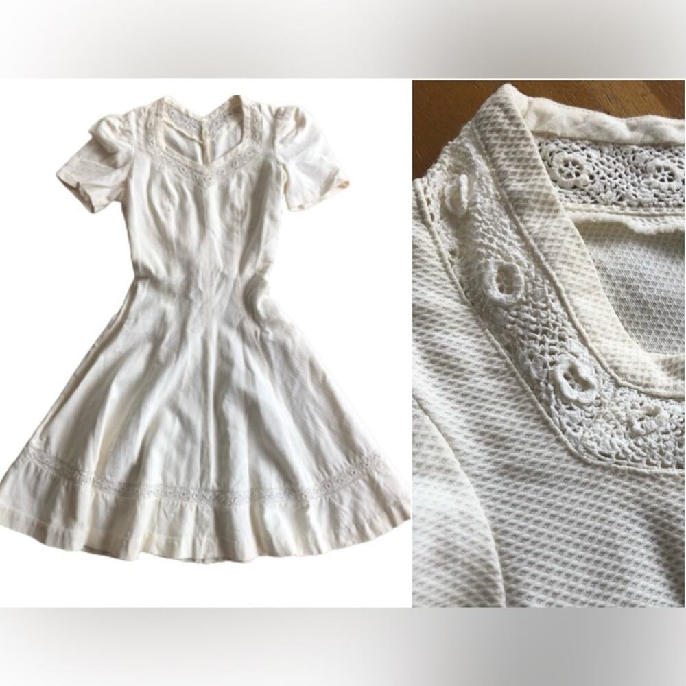 Vintage 60s Cream Lace Crochet Minidress Tie Waist Fit and Flare Pleated V-Neck